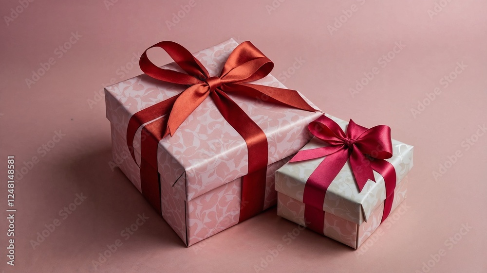 A flat lay of gift boxes wrapped in red and pink paper with bows. A flat lay of gift boxes wrapped in red and pink paper with bows.