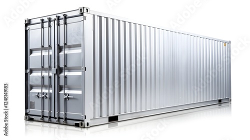 image of a metallic shipping container with a reflective surface illuminated by soft lighting and isolated against a pure white background for a clean modern and minimalist aesthetic