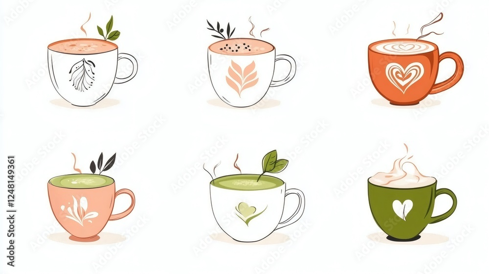 Warm beverages displayed in artistic cups showcasing various styles and flavors