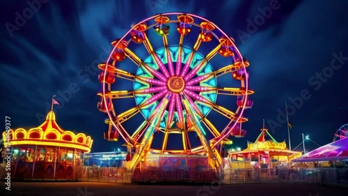 Illuminated Ferris wheel and carousel at night amusement park.