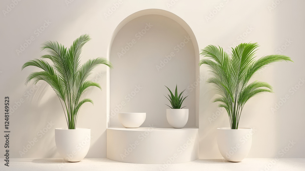 Window or hole in wall with product podium behind it. Realistic vector illustration of white minimalistic platform and pedestal of square and arch shapes for goods display. Window or hole in wall with product podium behind it. Realistic vector illustration of white minimalistic platform and pedestal of square and arch shapes for goods display.