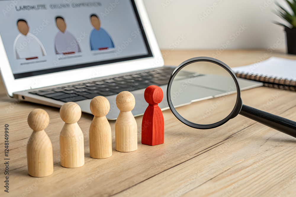 Fototapeta premium Red wooden figure standing out among wooden figures on table