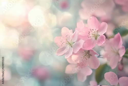Abstract pastel hues with a scattering of pink flowers, creating a gentle and inviting spring or summer feel.