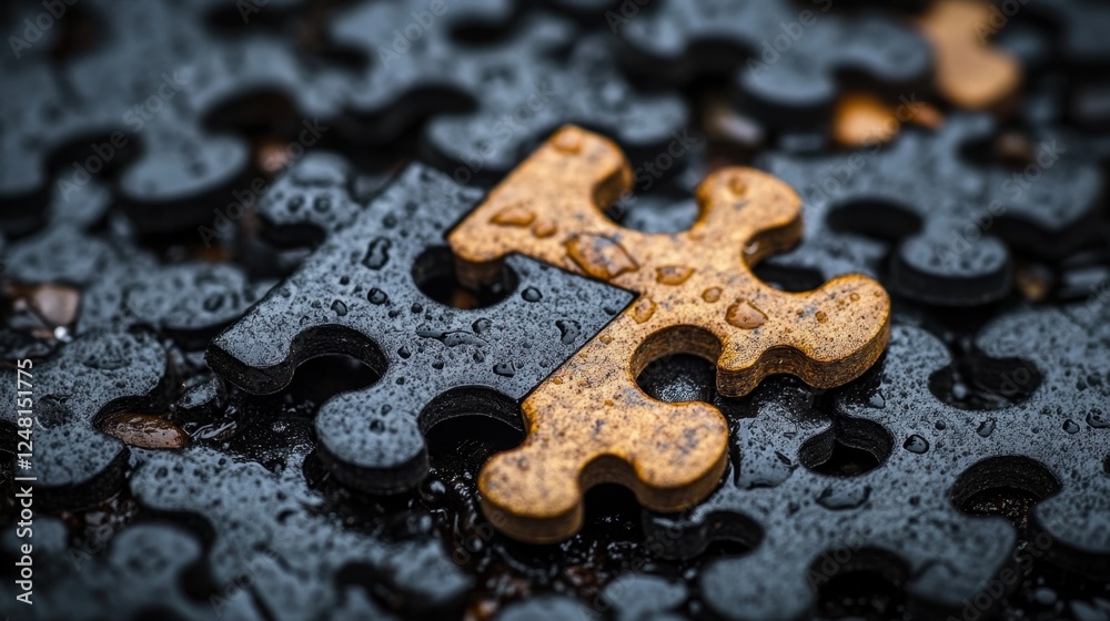 Puzzle piece gleams under rain droplets, blending black and gold in a moment of unexpected beauty Puzzle piece gleams under rain droplets, blending black and gold in a moment of unexpected beauty
