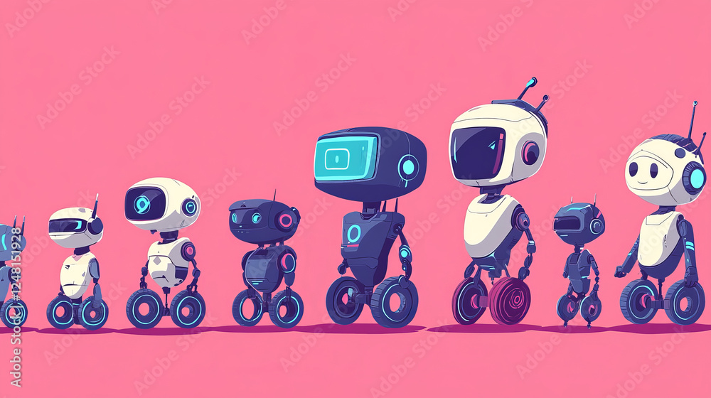 Cartoon set of robot evolution levels. Vector illustration of futuristic ai characters with wheel, legs and arms, screen face design progress. Modern technology development. Game avatar collection Cartoon set of robot evolution levels. Vector illustration of futuristic ai characters with wheel, legs and arms, screen face design progress. Modern technology development. Game avatar collection