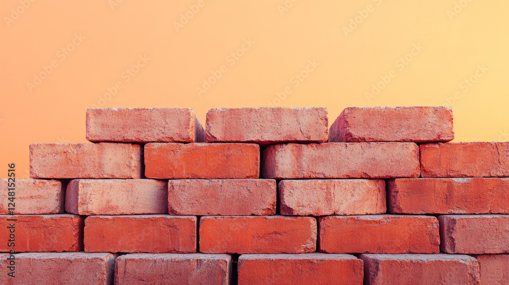 Fototapeta premium Stacked red bricks against an orange background.