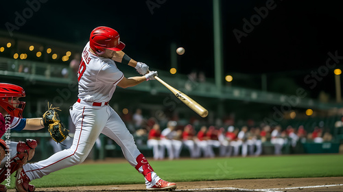 A baseball batter in red and white is swinging his bat at a ball during a nighttime game.