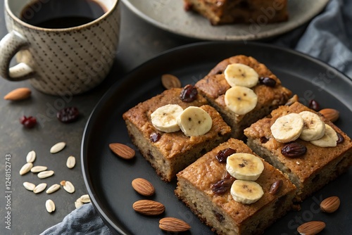 Delicious homemade banana almond cake slices served with fresh coffee on a dark table setting nut