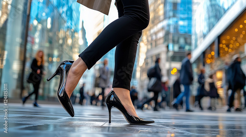 A well-dressed businesswoman in high heels strides quickly down the street, with a blurred background of people and buildings. The close-up view from below captures her legs in bla photo