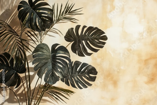 An abstract composition of tropical branches, monstera leaves, and ferns in watercolor style on a soft beige backdrop.