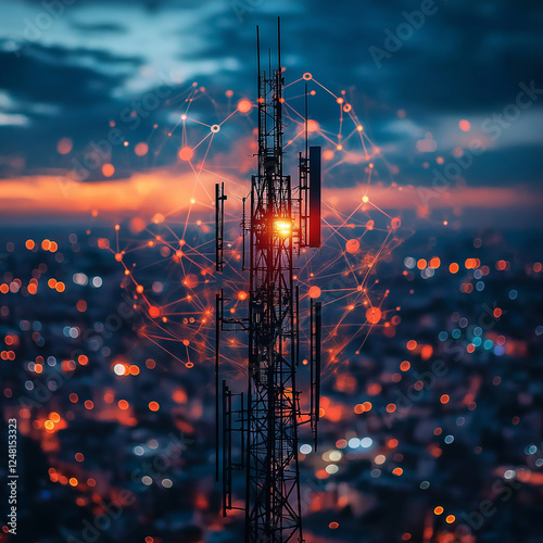 A photograph of an abstract digital network surrounding a modern cell tower, representing the concept of smart city communication technology with light particles and a blurred urba photo