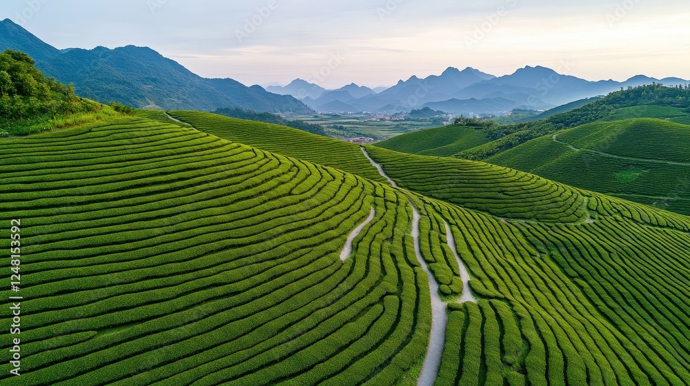 Lush Green Tea Fields Under Soft Sunset Light in Serene Mountain Landscape Lush Green Tea Fields Under Soft Sunset Light in Serene Mountain Landscape