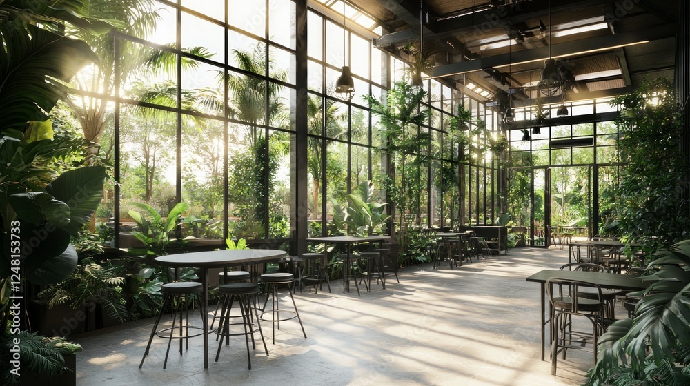 Airy Atrium Caf with Glass Enclosure and Abundant Greenery Airy Atrium Caf with Glass Enclosure and Abundant Greenery
