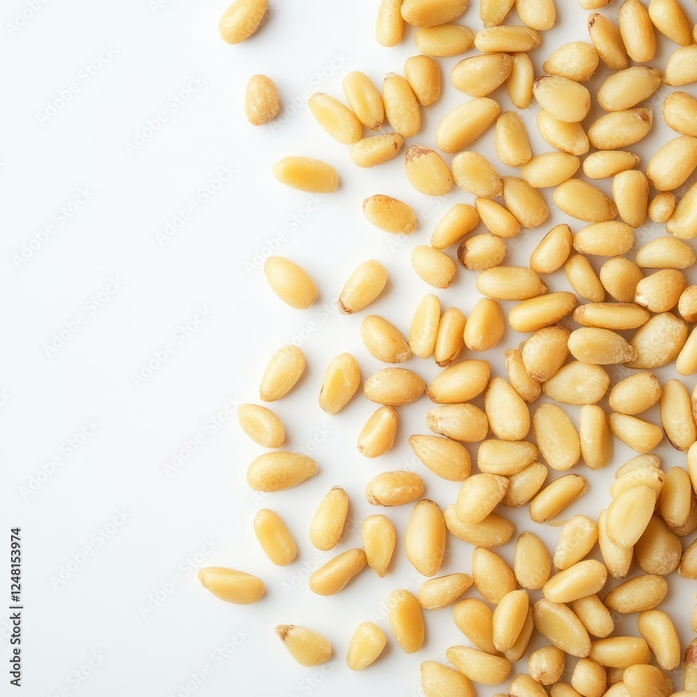 Roasted pine nuts top view close up with copy space on white background