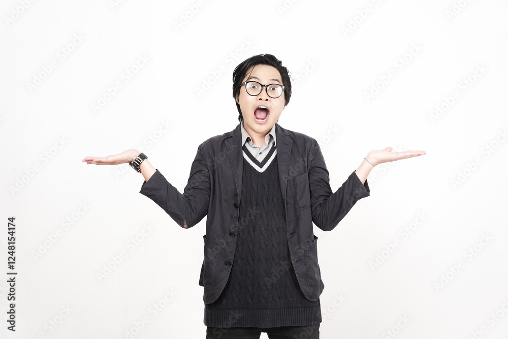 WOW face shocked Holding and Presenting two copyspace on open palm Of Handsome Asian Man Isolated On White Background WOW face shocked Holding and Presenting two copyspace on open palm Of Handsome Asian Man Isolated On White Background