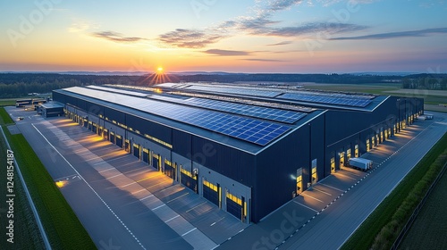 Solar-powered warehouse at sunset demonstrates sustainable energy solutions for modern logistics