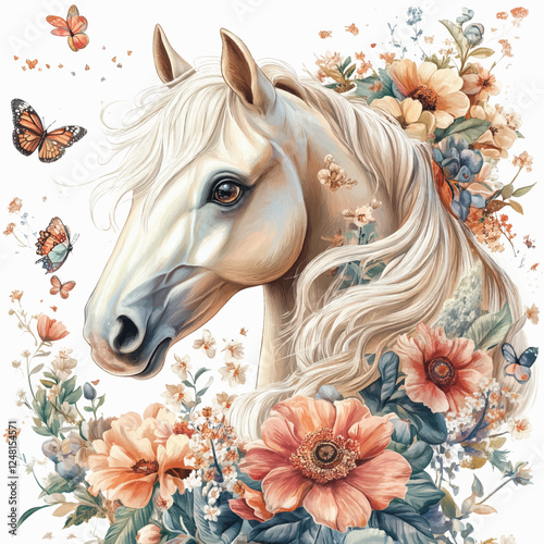 Nursery Floral Horse Clipart Vector Illustration for Kids' Room Decor