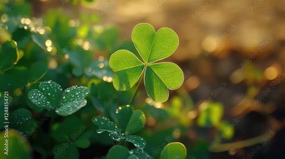 Vibrant green clover with dew drops bathed in golden sunlight, symbolizing luck and renewal in nature's embrace.