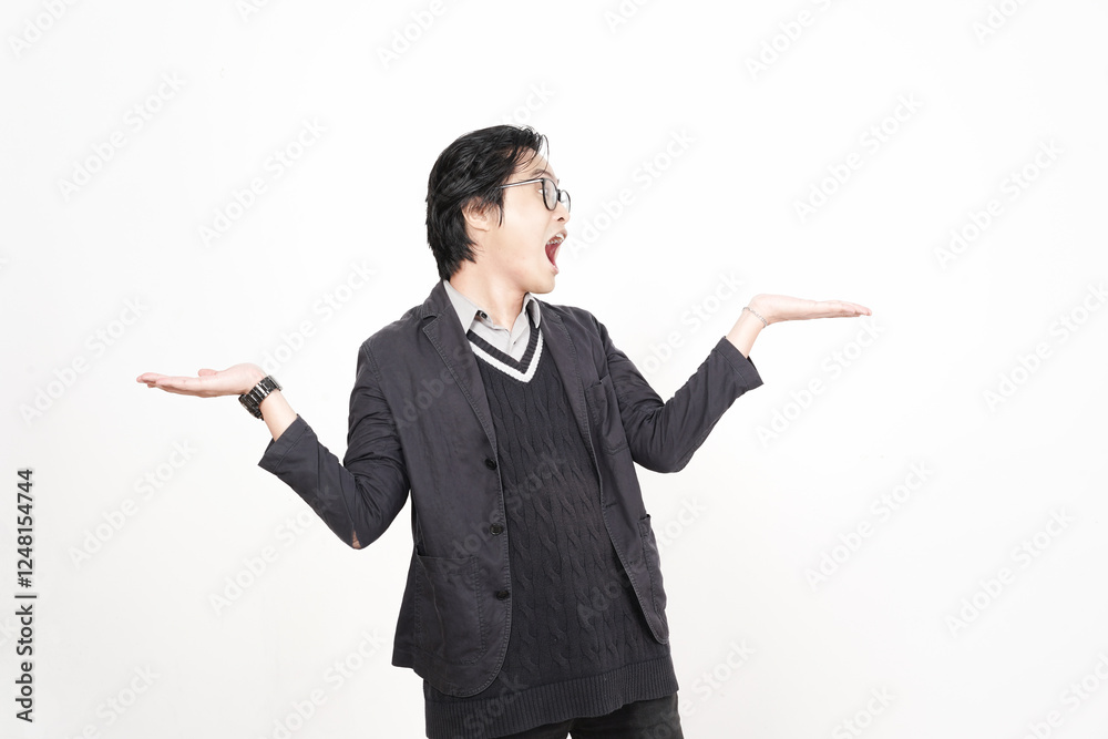 WOW face shocked Holding and Presenting two copyspace on open palm Of Handsome Asian Man Isolated On White Background WOW face shocked Holding and Presenting two copyspace on open palm Of Handsome Asian Man Isolated On White Background
