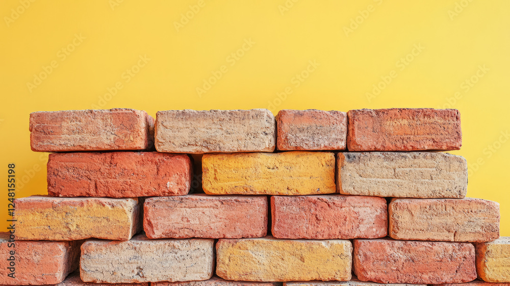 Fototapeta premium Stacked bricks against a yellow background.