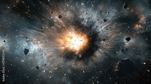 Cosmic explosion with debris and bright light in space.