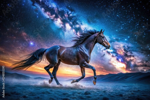 Dark horse's powerful run captured in a long exposure night photograph, showcasing motion blur and a breathtaking starry sky.