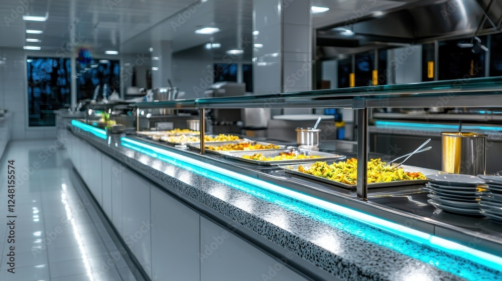 Obraz premium Modern Buffet Setup with Bright Lighting and Variety of Dishes