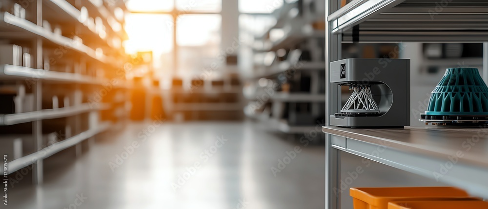 Fototapeta premium A modern industrial space with organized shelves and equipment illuminated by warm sunlight filtering through large windows.