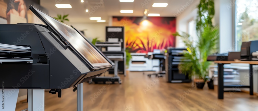 A modern print shop featuring advanced printing equipment, bright interior, and green plants for a vibrant workspace atmosphere. A modern print shop featuring advanced printing equipment, bright interior, and green plants for a vibrant workspace atmosphere.