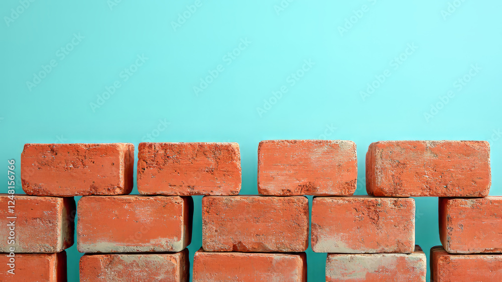 Obraz premium Stacked red bricks against a turquoise wall