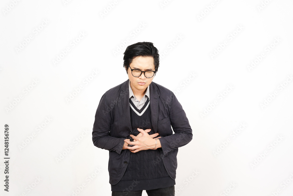 Suffering Stomachache Of Handsome Asian Man Isolated On White Background Suffering Stomachache Of Handsome Asian Man Isolated On White Background