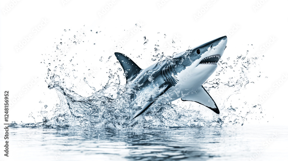Fototapeta premium Dynamic shark leaping out of the water with a dramatic splash effect, set against a clean white background