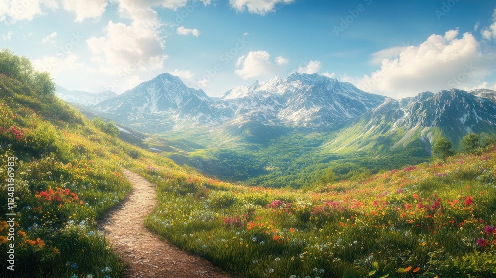 A winding path through lush green hills with vibrant flowers, leading to blue mountains with snowy peaks, offering a serene and peaceful landscape under warm sunlight. A winding path through lush green hills with vibrant flowers, leading to blue mountains with snowy peaks, offering a serene and peaceful landscape under warm sunlight.