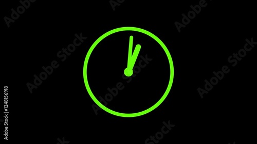 Animation time lapse of a clock. green clock hands on black clock face. Time pointer ticks in 12 hour time loop. Concept Wall clock on green background with copy space. Countdown the day
