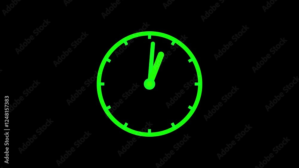 Animation time lapse of a clock. green clock hands on black clock face. Time pointer ticks in 12 hour time loop. Concept Wall clock on green background with copy space. Countdown the day Animation time lapse of a clock. green clock hands on black clock face. Time pointer ticks in 12 hour time loop. Concept Wall clock on green background with copy space. Countdown the day