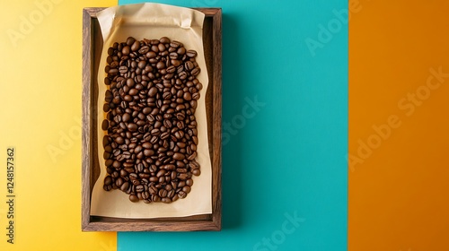 Obraz na płótnie Drip bag coffee on wooden tray with coffee beans isolated on a colorful background w salonie