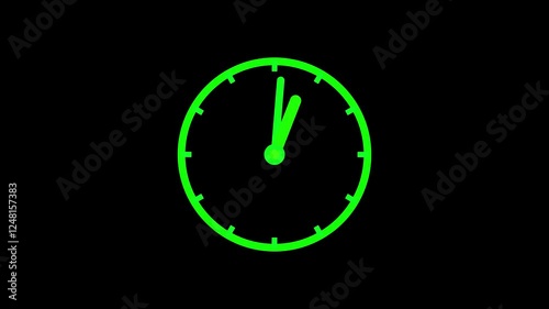Animation time lapse of a clock. green clock hands on black clock face. Time pointer ticks in 12 hour time loop. Concept Wall clock on green background with copy space. Countdown the day