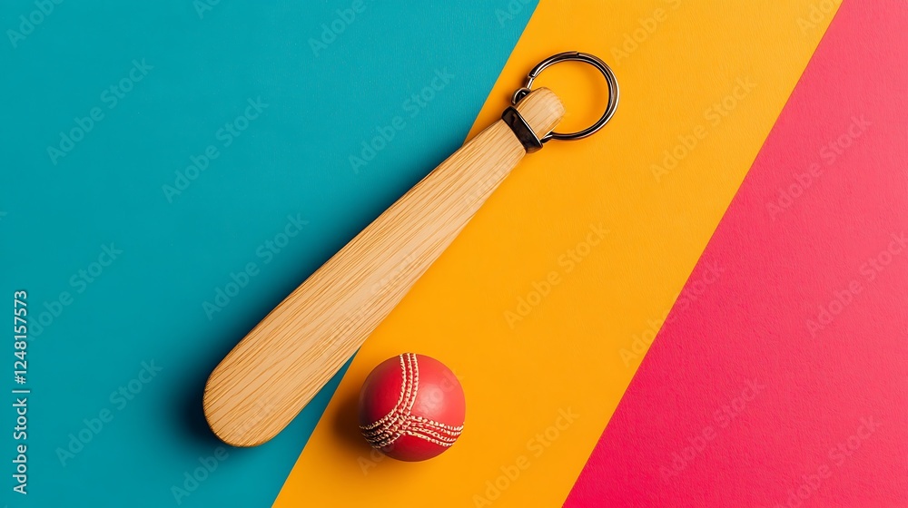 Elegant wooden keychain shaped like a bat with a cricket ball isolated on a colorful background