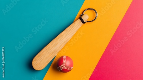 Obraz na płótnie Elegant wooden keychain shaped like a bat with a cricket ball isolated on a colorful background w salonie