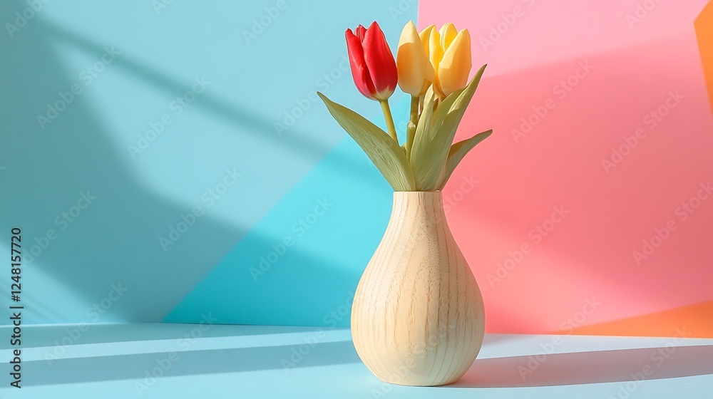 Embossed birchwood vase with tulips near almond biscotti isolated on a colorful background