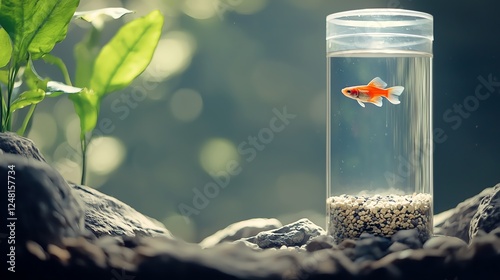 A serene underwater scene featuring a vibrant goldfish swimming gracefully in a clear cylindrical tank, surrounded by pebbles and plants. photo