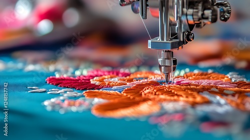 Obraz na płótnie Embroidery and application with embroidery machine close up and selective focus isolated on a colorful background w salonie
