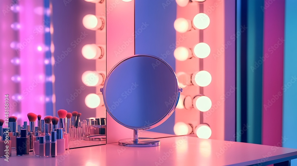 Empty woman makeup place with mirror and bulbs workplace makeup artist in modern makeup room isolated on a colorful background