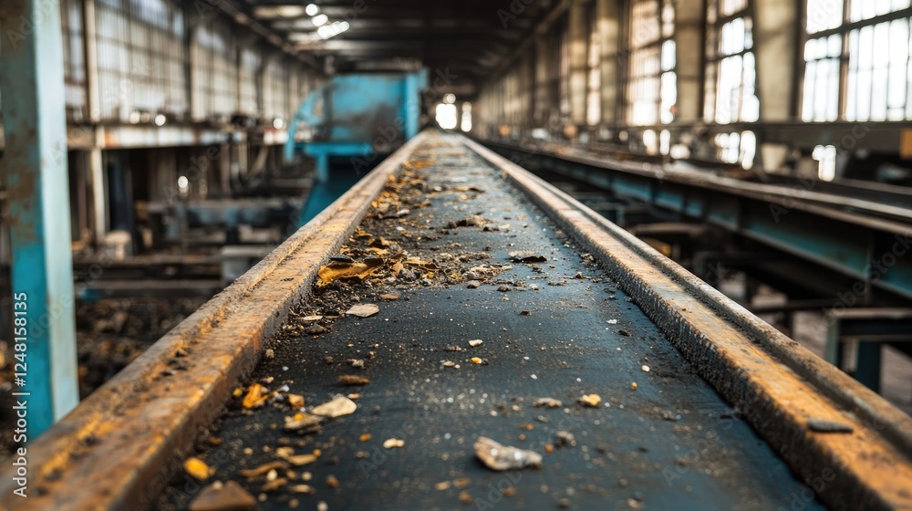 A worn-out conveyor belt in an industrial factory shows significant damage and debris accumulation, indicating the need for maintenance or replacement to ensure smooth manufacturing operations. A worn-out conveyor belt in an industrial factory shows significant damage and debris accumulation, indicating the need for maintenance or replacement to ensure smooth manufacturing operations.