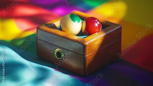 Obraz na płótnie Engraved wooden jewelry box with a billiard ball isolated on a colorful background w salonie
