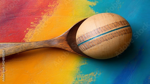 Engraved wooden serving spoon featuring a rugby sevens ball isolated on a colorful background