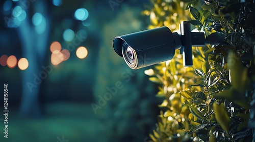 A surveillance camera mounted on a hedge, capturing clear images at night. Ideal for security and monitoring concepts. photo