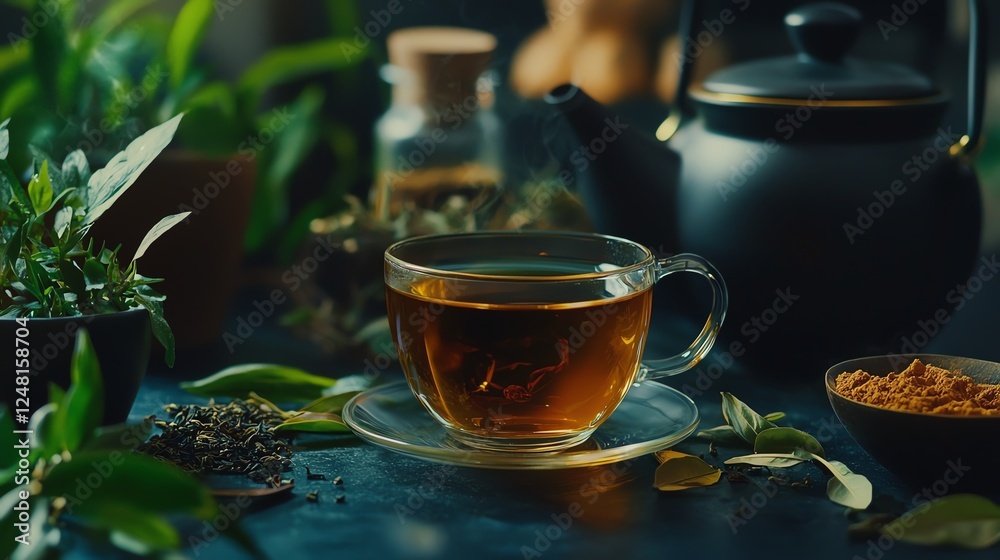 A tranquil scene featuring a cup of herbal tea surrounded by fresh herbs and spices on a rustic tabletop. A tranquil scene featuring a cup of herbal tea surrounded by fresh herbs and spices on a rustic tabletop.