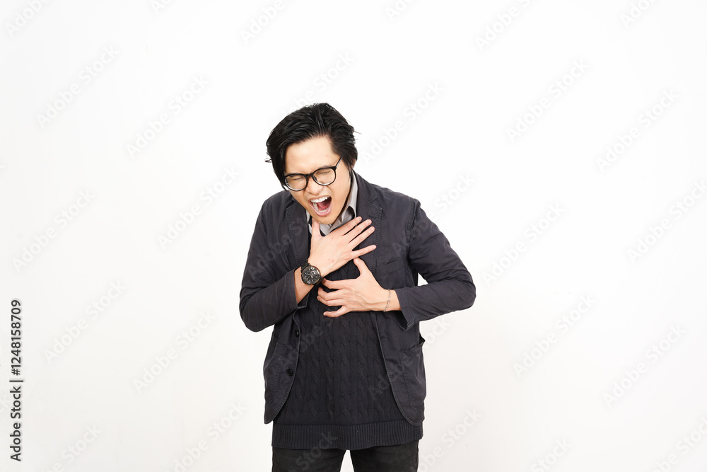 coughing gesture Of Handsome Asian Man Isolated On White Background coughing gesture Of Handsome Asian Man Isolated On White Background