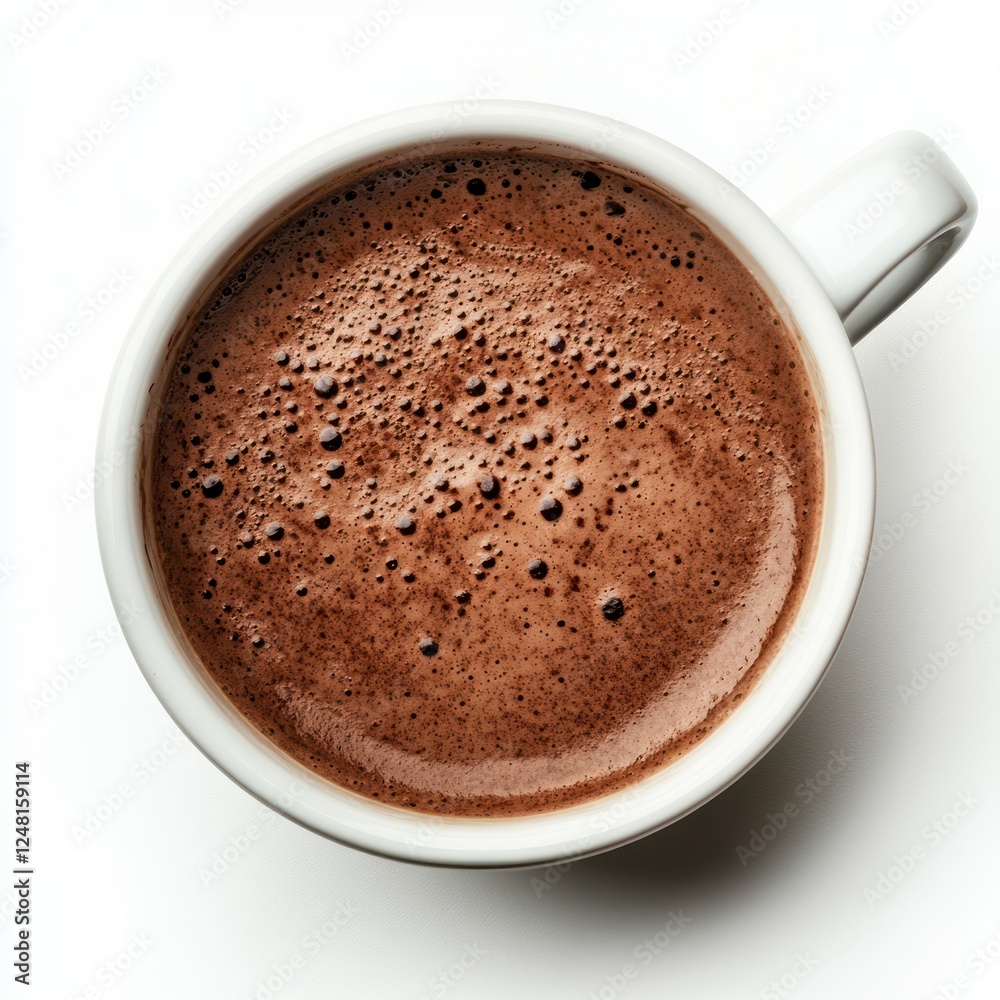 White cup of hot chocolate top view on white background White cup of hot chocolate top view on white background